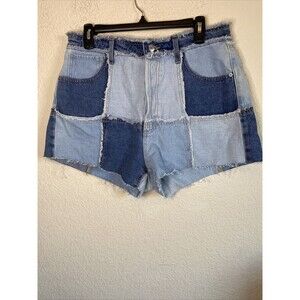 patchwork colorblock 90s y2k Jeans Shorts Blue High Rise Button Fly women 12
